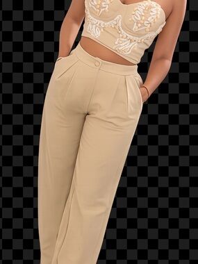 Boutique Brand 2 Piece High-Waist Pleated Wide-Leg Pants with Strapless Top Set